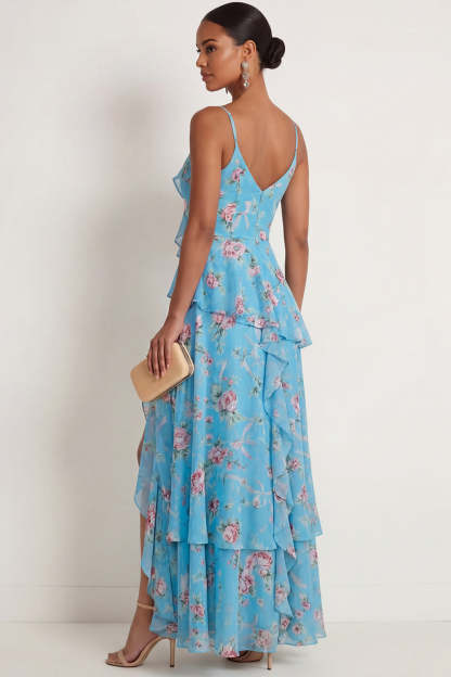 Blue Pink Floral A Line Ruffled Spaghetti Straps Maxi Wedding Guest Dress with Slit