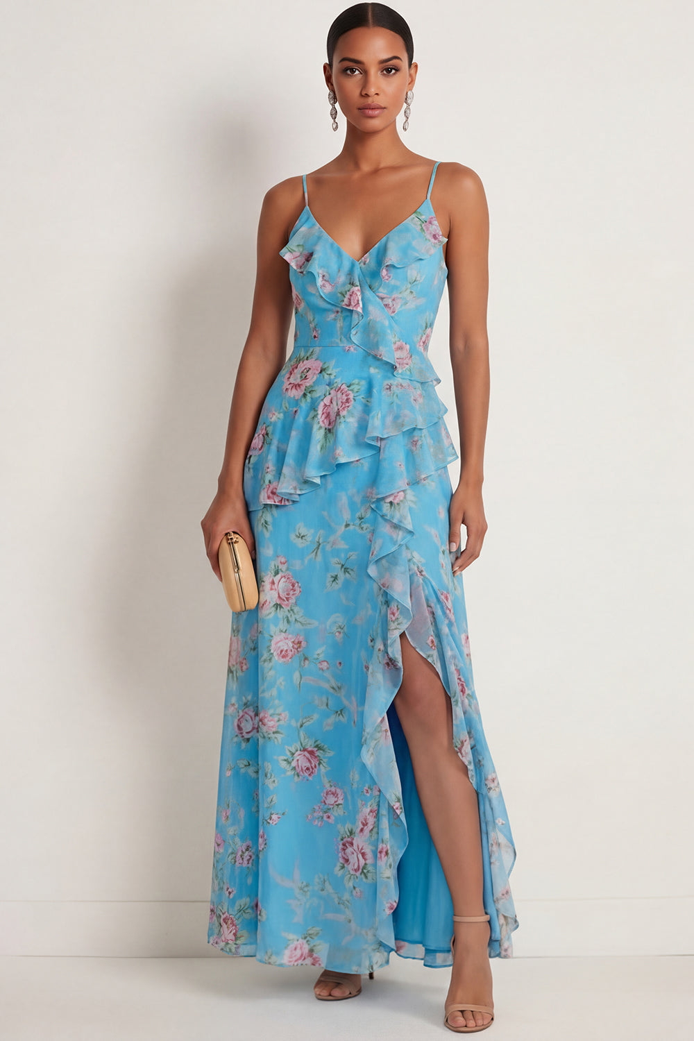 Blue Pink Floral A Line Ruffled Spaghetti Straps Maxi Wedding Guest Dress with Slit