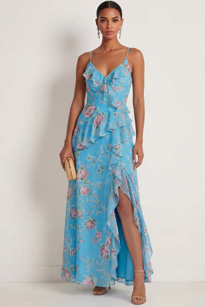 Blue Pink Floral A Line Ruffled Spaghetti Straps Maxi Wedding Guest Dress with Slit