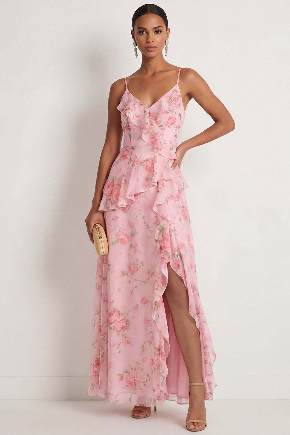 Leely Women Blue Pink Floral A Line Ruffled Maxi Wedding Guest Dress with Slit Spaghetti Straps Backless Sleeveless Formal Dress