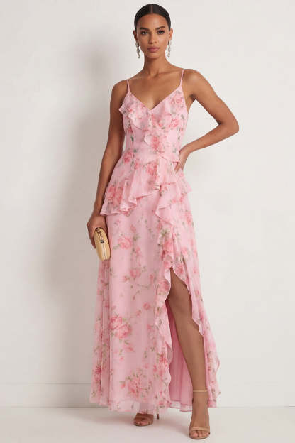 Leely Women Blue Pink Floral A Line Ruffled Maxi Wedding Guest Dress with Slit Spaghetti Straps Backless Sleeveless Formal Dress