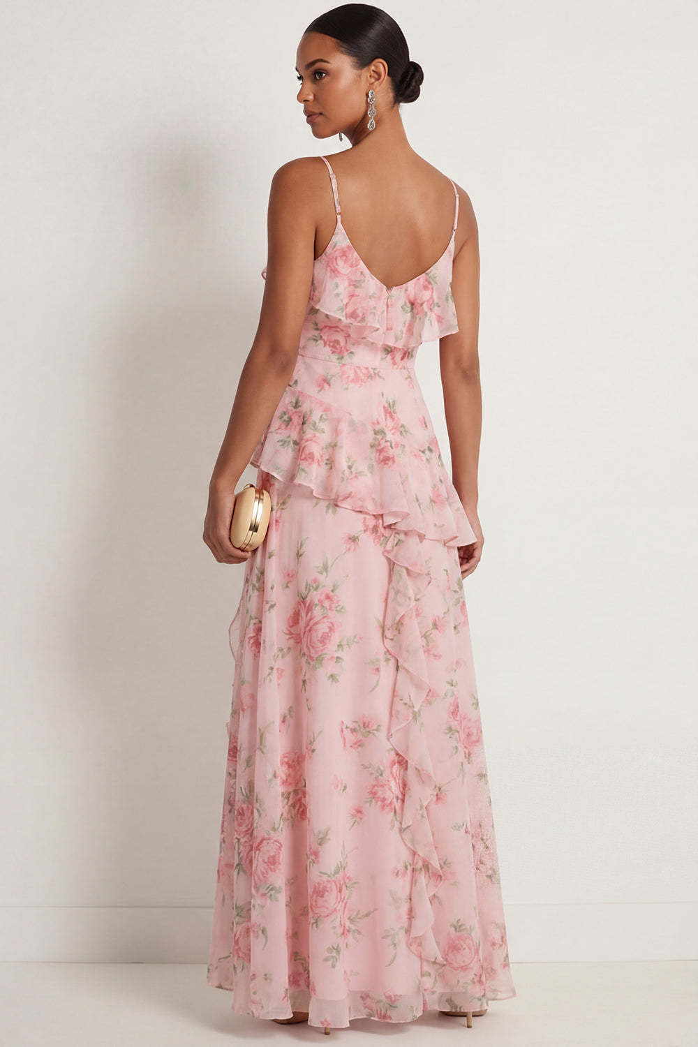 Blue Pink Floral A Line Ruffled Spaghetti Straps Maxi Wedding Guest Dress with Slit
