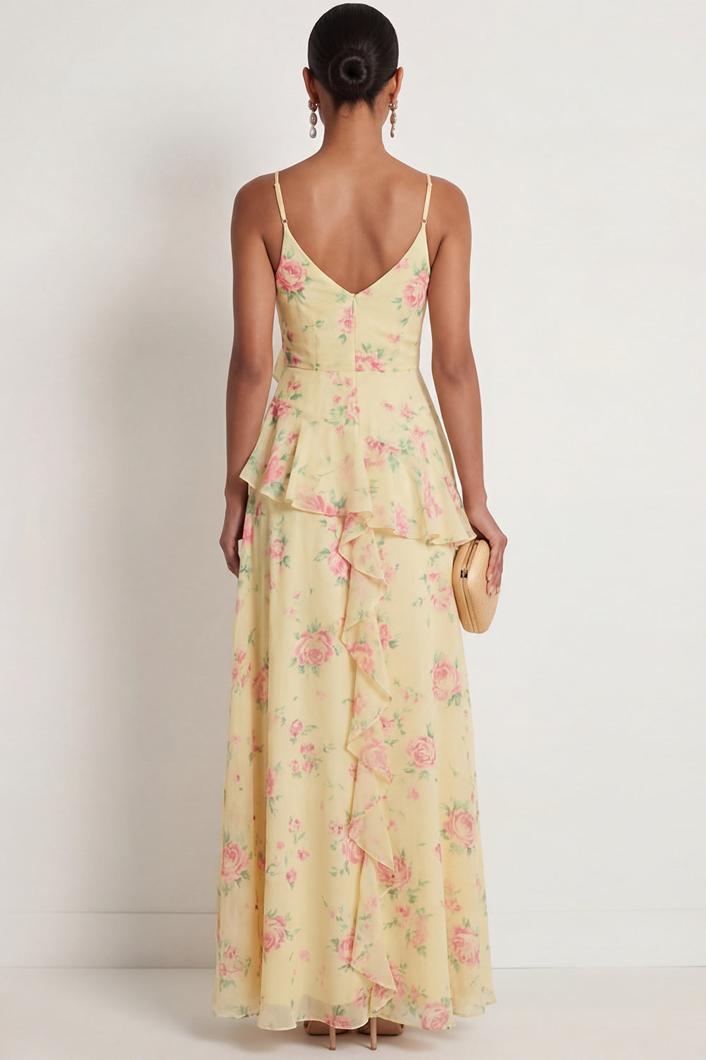 Blue Pink Floral A Line Ruffled Spaghetti Straps Maxi Wedding Guest Dress with Slit