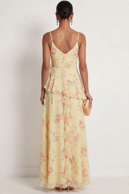 Blue Pink Floral A Line Ruffled Spaghetti Straps Maxi Wedding Guest Dress with Slit