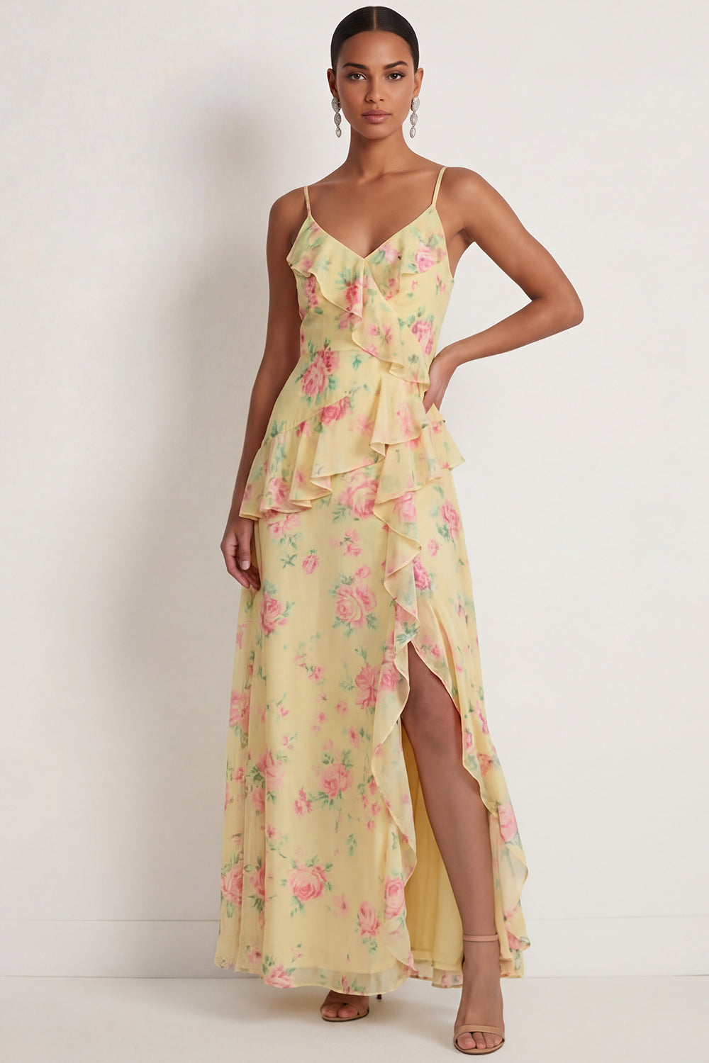 Blue Pink Floral A Line Ruffled Spaghetti Straps Maxi Wedding Guest Dress with Slit