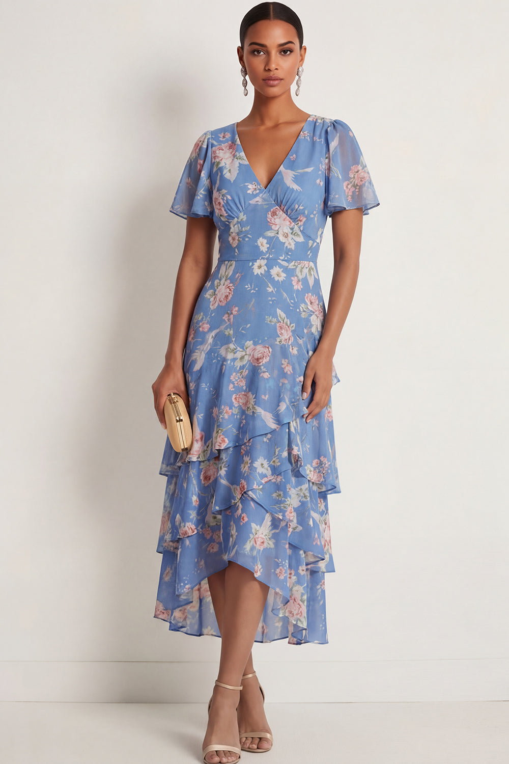 A Line Ruffled Blue Pink Floral V Neck Maxi Wedding Guest Dress wit Short Sleeves