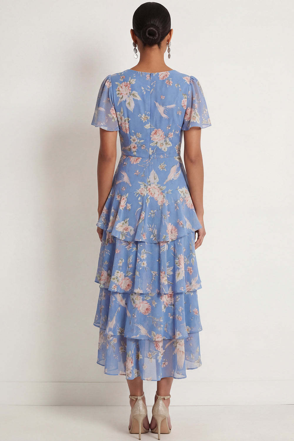 A Line Ruffled Blue Pink Floral V Neck Maxi Wedding Guest Dress wit Short Sleeves