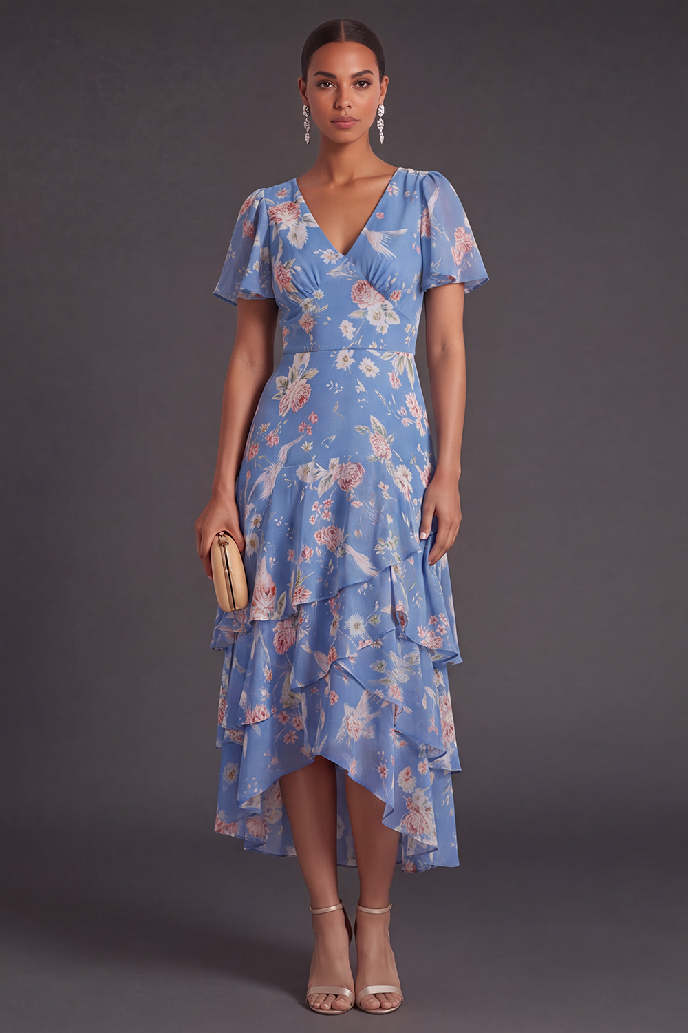 Leely Women A Line Blue Pink Floral Maxi Wedding Guest Dress wit Short Sleeves V Neck Ruffled Formal Dress