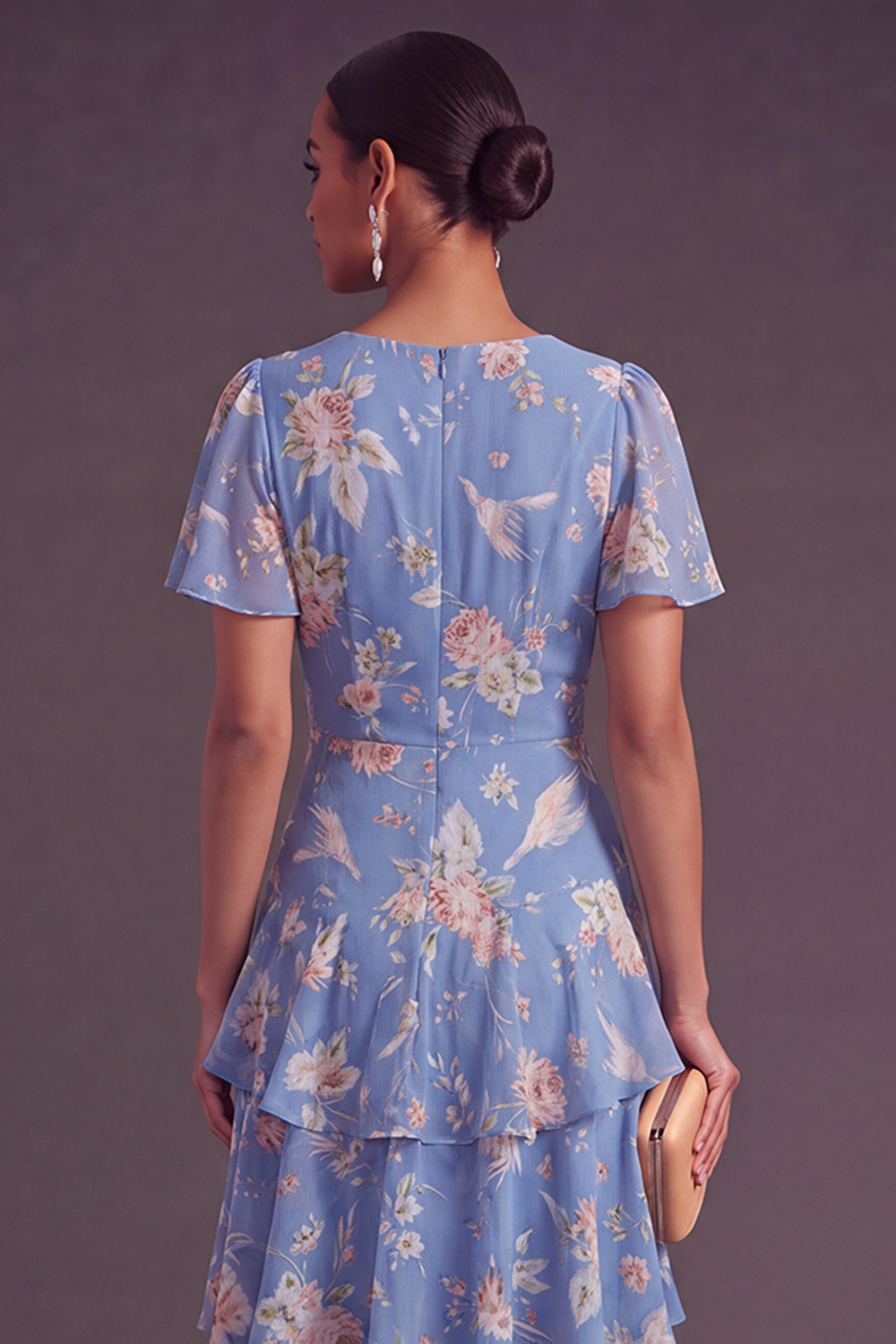 A Line Ruffled Blue Pink Floral V Neck Maxi Wedding Guest Dress wit Short Sleeves