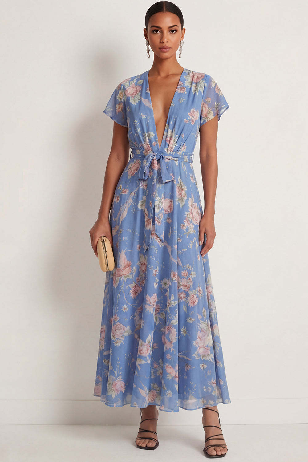 Leely Women Blue Pink A Line Floral Long Wedding Guest Dress V Neck Short Sleeves Formal Dress with Sach