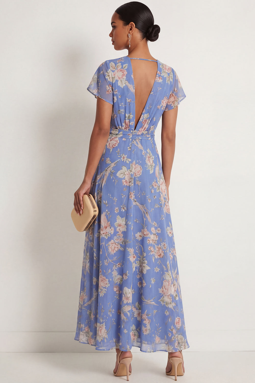Blue Pink Floral A Line V Neck Long Wedding Guest Dress