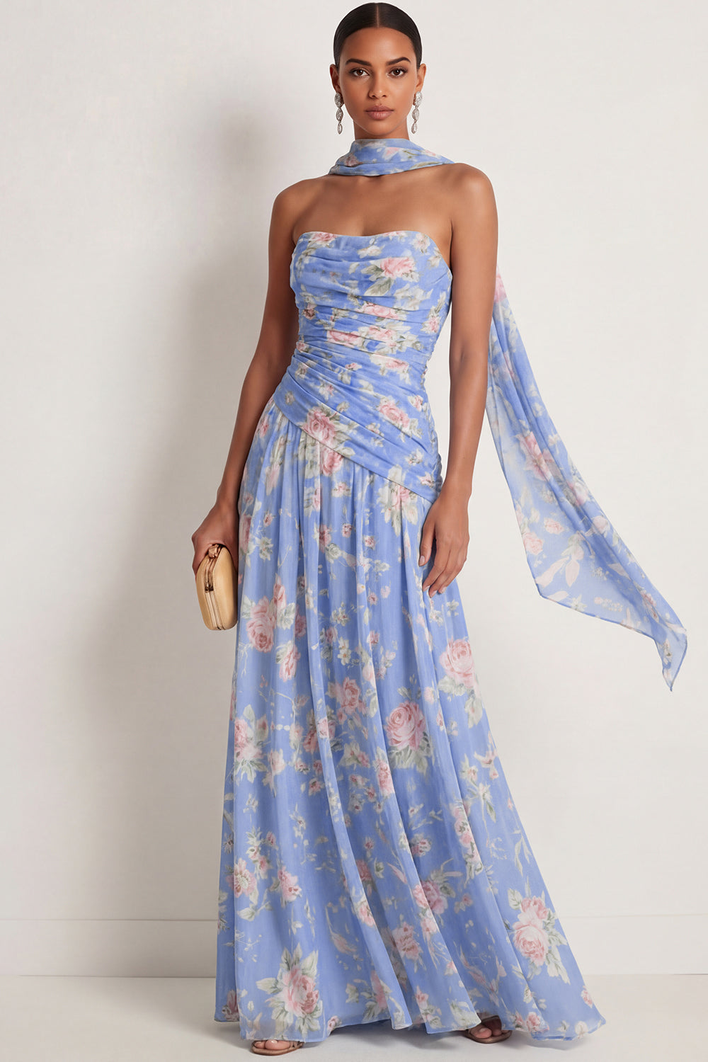 Leely Women Blue Pink Floral A Line Maxi Wedding Guest Dress with Neck Scarf Draped Strapless Backless Formal Dress