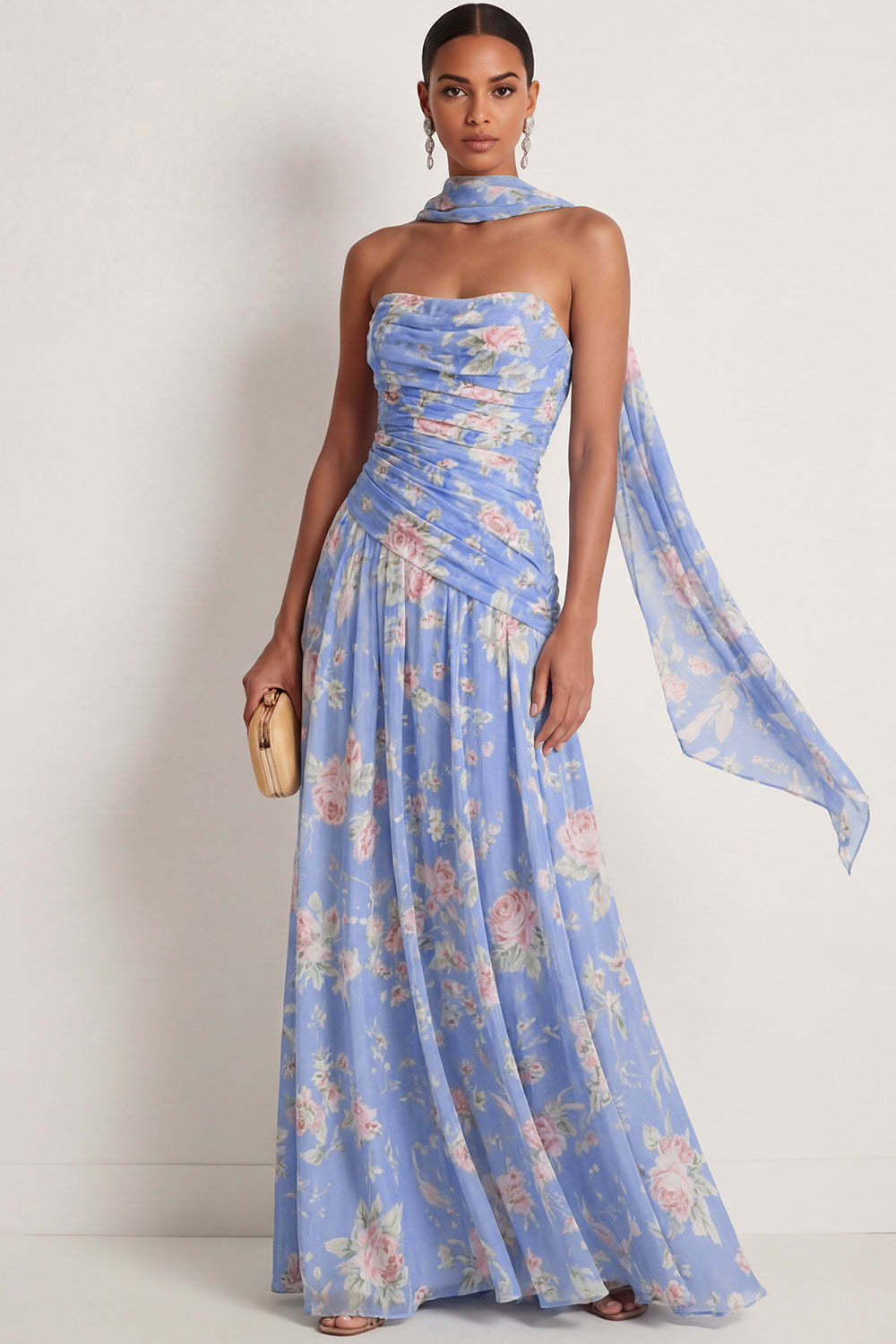 Leely Women Blue Pink Floral A Line Maxi Wedding Guest Dress with Neck Scarf Draped Strapless Backless Formal Dress