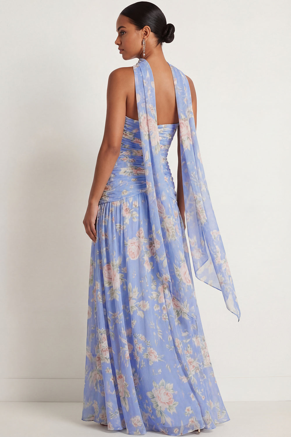 Blue Pink Floral A Line Draped Strapless Maxi Wedding Guest Dress with Neck Scarf
