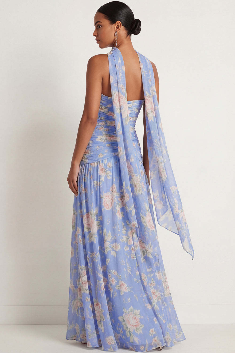 Blue Pink Floral A Line Draped Strapless Maxi Wedding Guest Dress with Neck Scarf