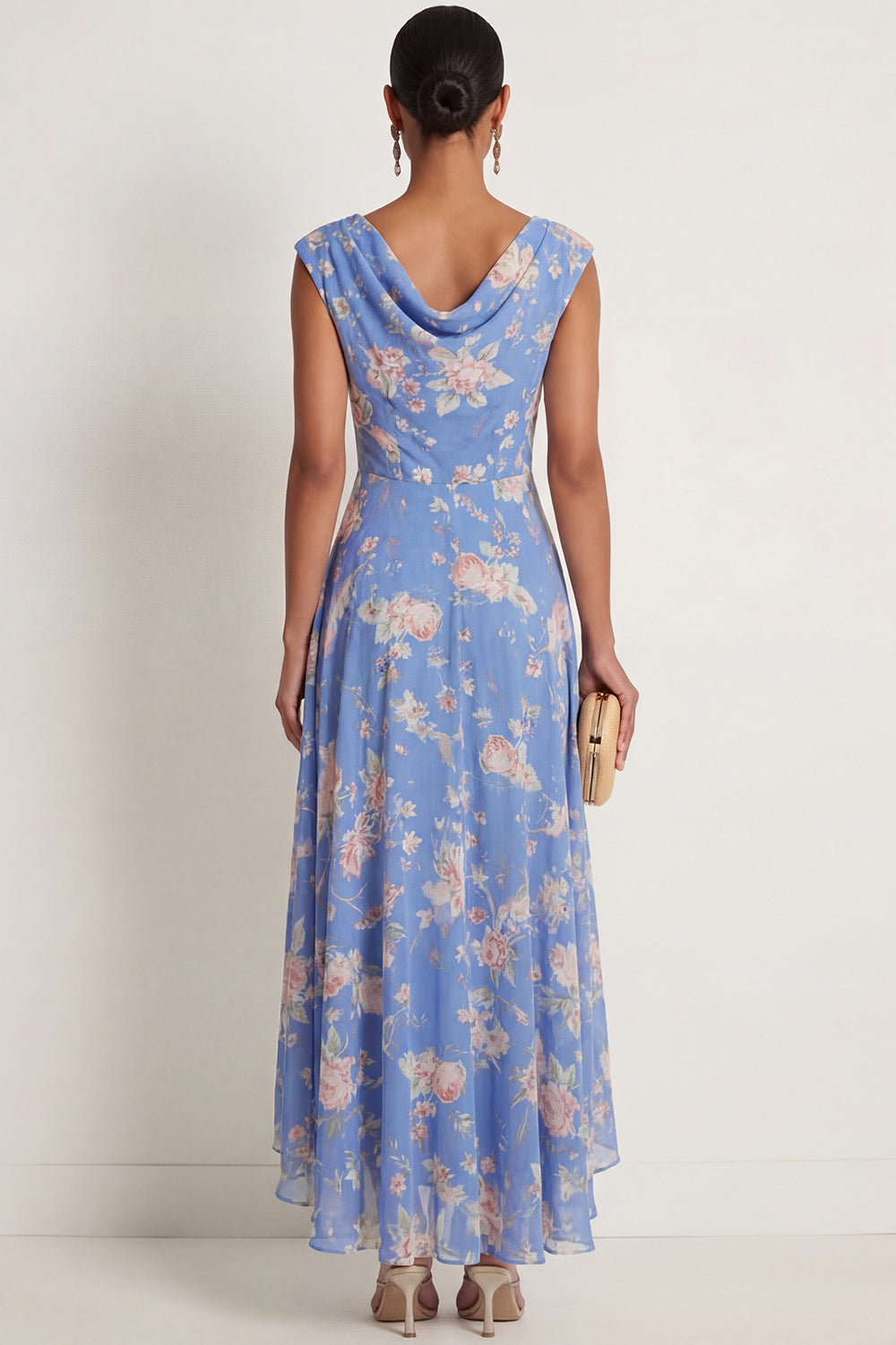 Blue Pink Floral A Line Ruffled High Low Draped Formal Dress