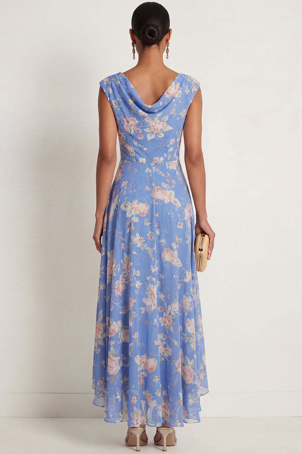 Blue Pink Floral A Line Ruffled High Low Draped Formal Dress