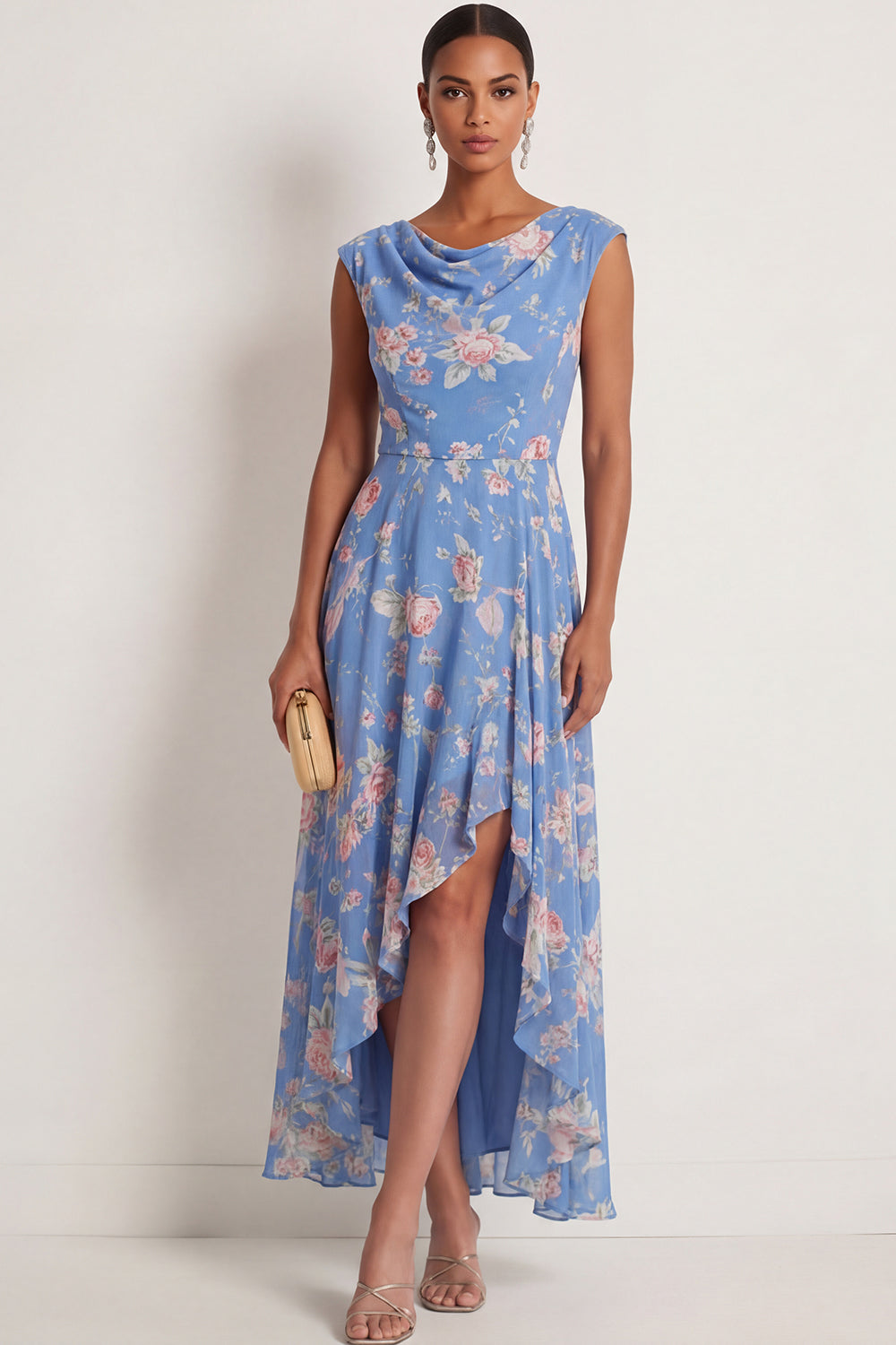 Blue Pink Floral A Line Ruffled High Low Draped Formal Dress