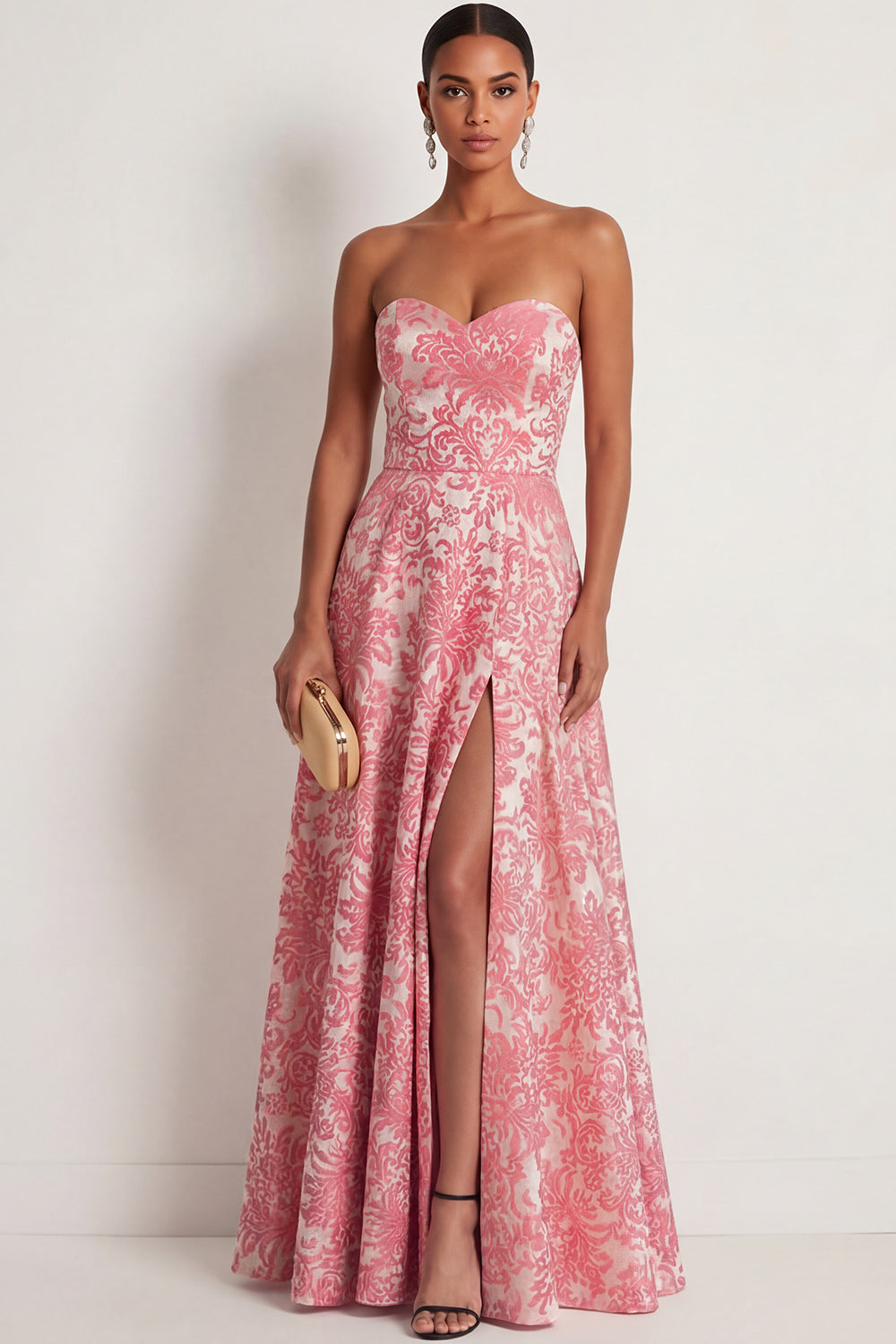 Blush Jacquard A Line Floral Sweetheart Long Formal Dress with Slit