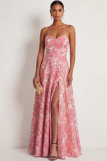 Leely Women Blush Jacquard A Line Floral Long Formal Dress with Slit Sweetheart Backless Sleeveless Evening Dress