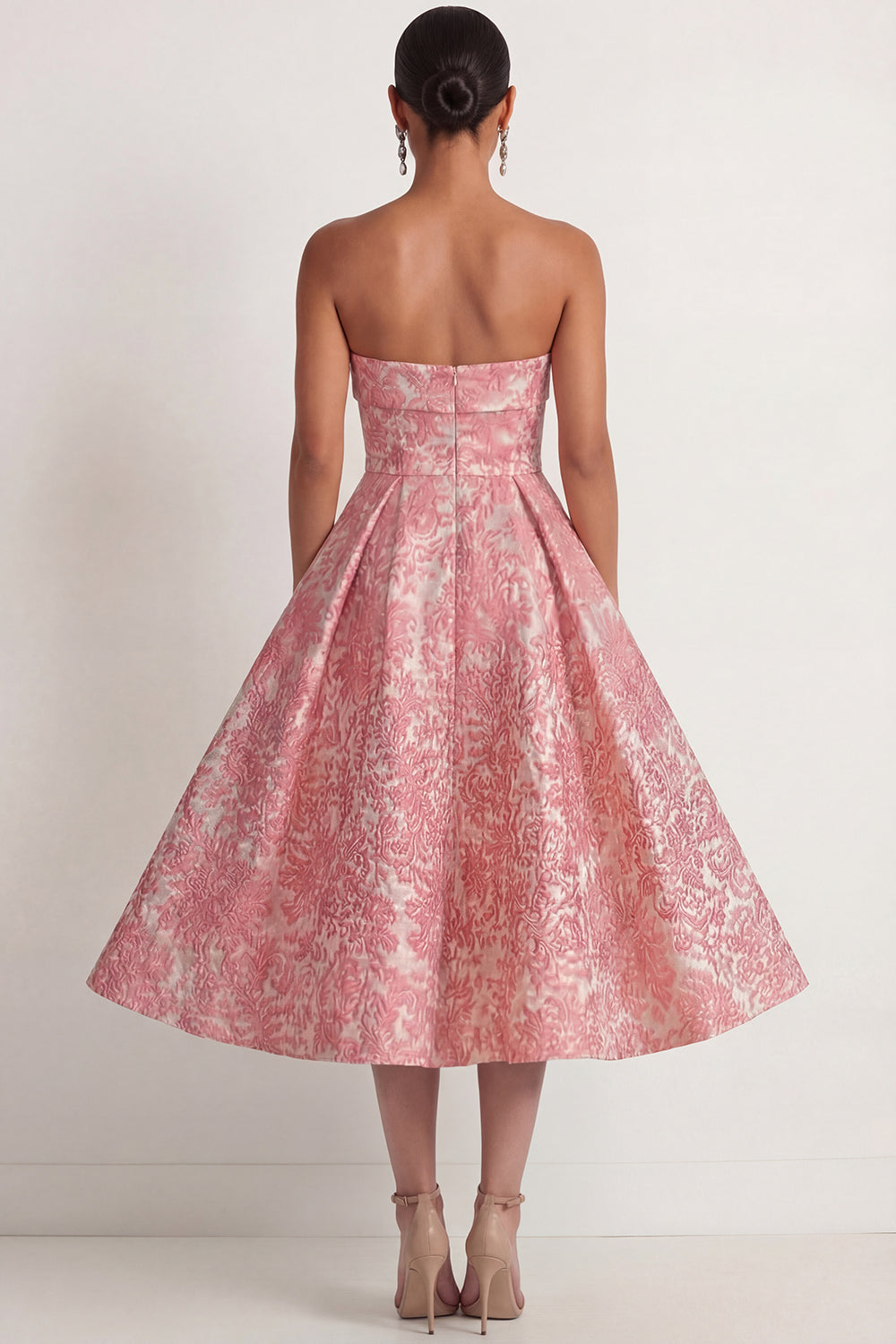 Blush Jacquard Floral Ball Gown Strapless Midi Formal Dress