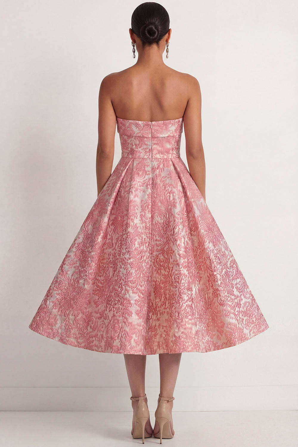 Blush Jacquard Floral Ball Gown Strapless Midi Formal Dress