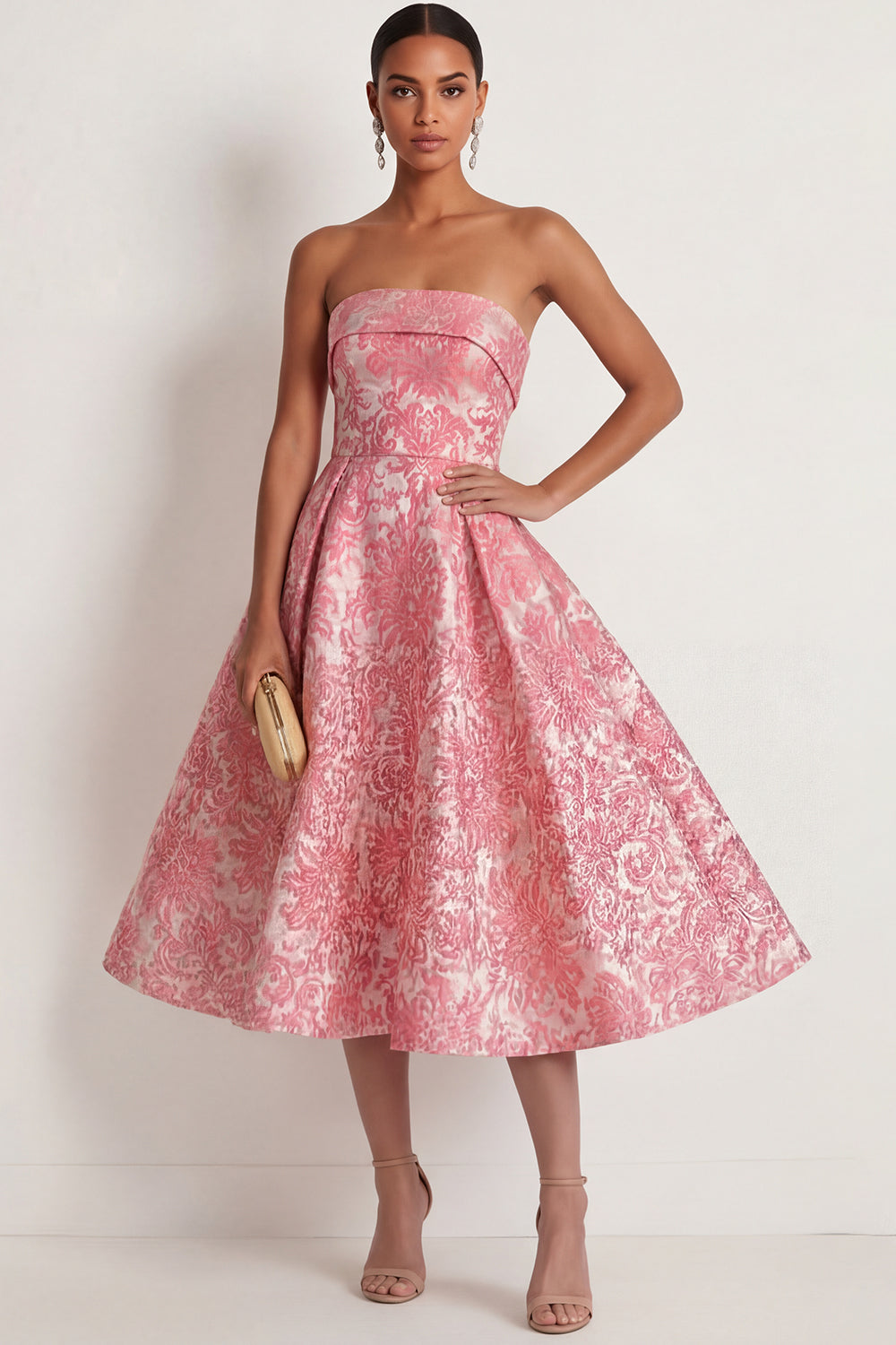 Blush Jacquard Floral Ball Gown Strapless Midi Formal Dress