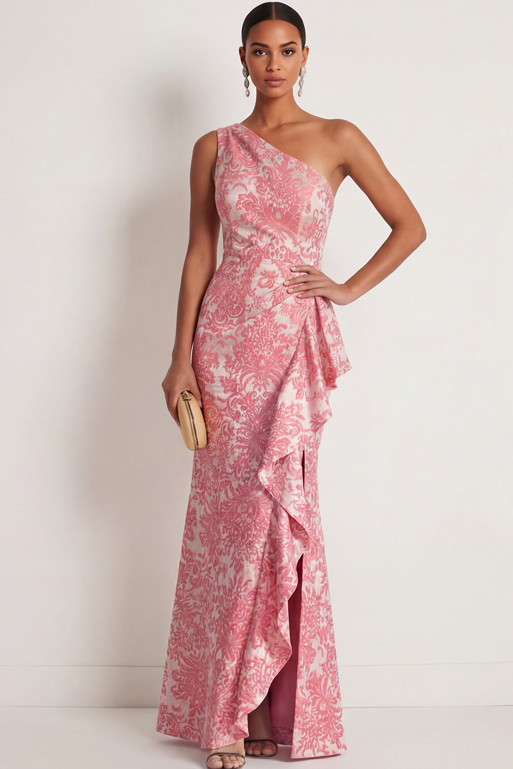 Mermaid Blush Floral Ruffled One Shoulder Long Formal Dress with Slit