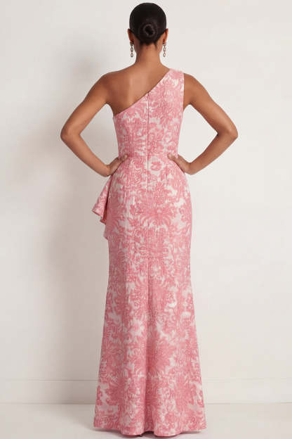 Mermaid Blush Floral Ruffled One Shoulder Long Formal Dress with Slit