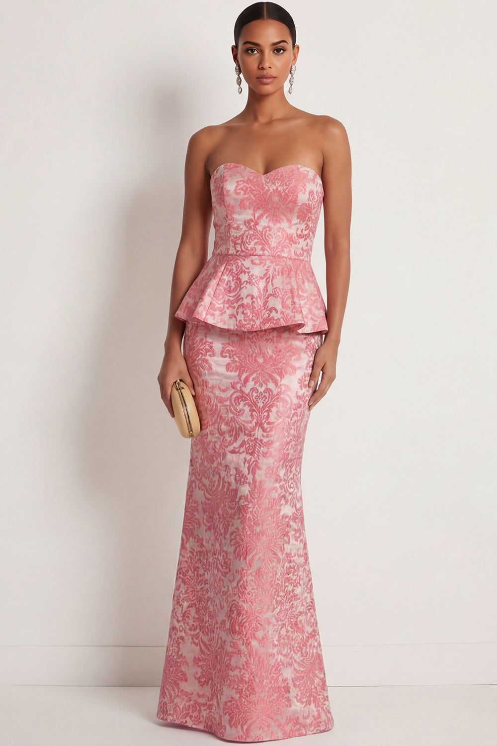 Mermaid Blush Floral Ruffled Sweetheart Jacquard Long Formal Dress