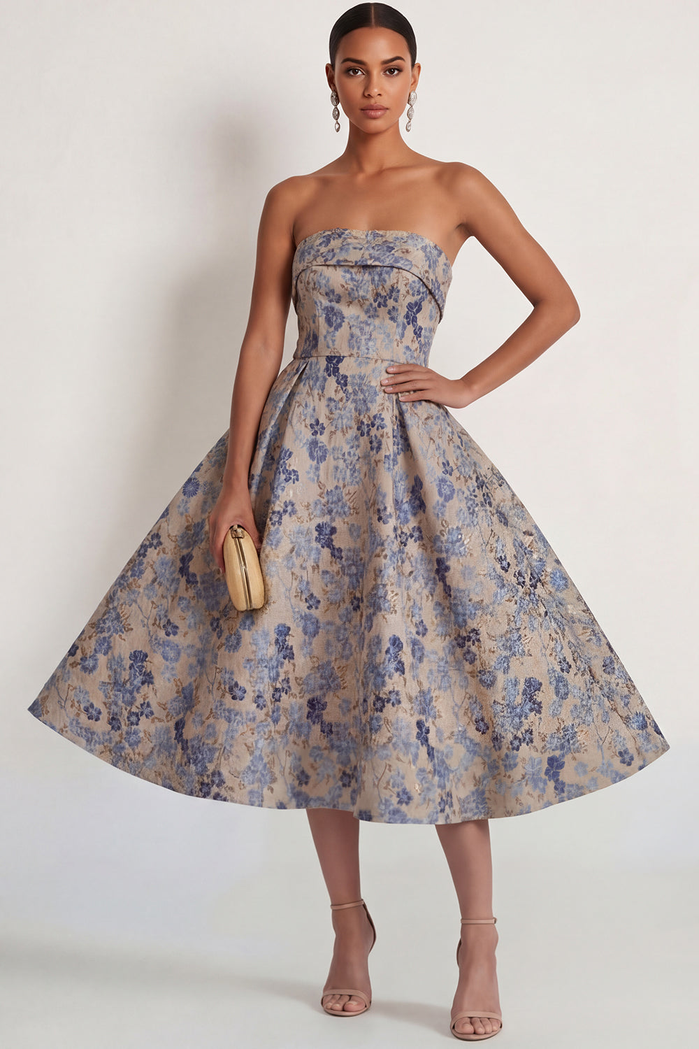 Grey Blue Ball Gown Floral Strapless Jacquard Midi Formal Dress