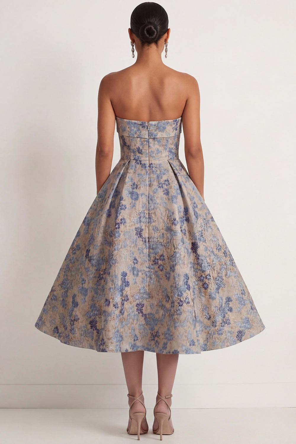 Grey Blue Ball Gown Floral Strapless Jacquard Midi Formal Dress