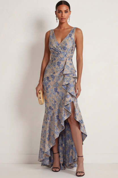 Leely Women Grey Blue Mermaid Ruffled Floral Long Formal Dress with Slit Thick Straps Sleeveless Jacquard Wedding Guest Dress