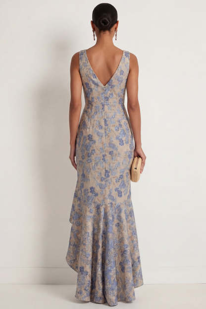 Grey Blue Mermaid Ruffled Floral Thick Straps Long Formal Dress with Slit