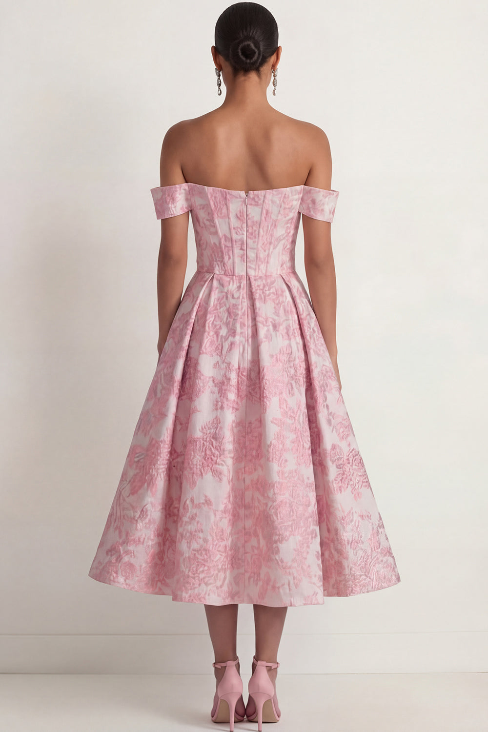 Pink Floral Corset Jacquard A Line Long Formal Dress