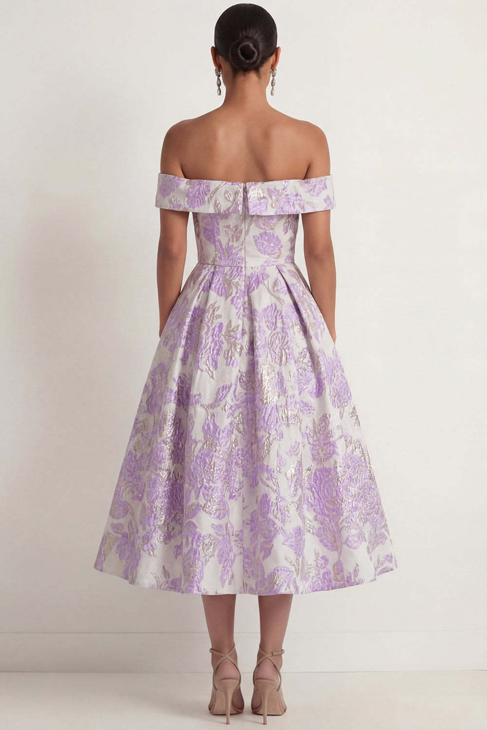 Lilac Jacquard Floral A Line Off the Shoulder Long Formal Dress
