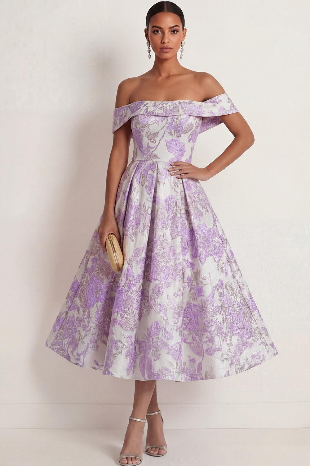 Lilac Jacquard Floral A Line Off the Shoulder Long Formal Dress