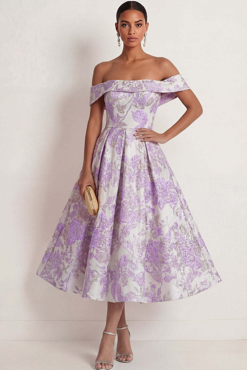 Leely Women Lilac Jacquard Floral A Line Long Formal Dress Off the Shoulder Backless Sleeveless Wedding Guest Dress