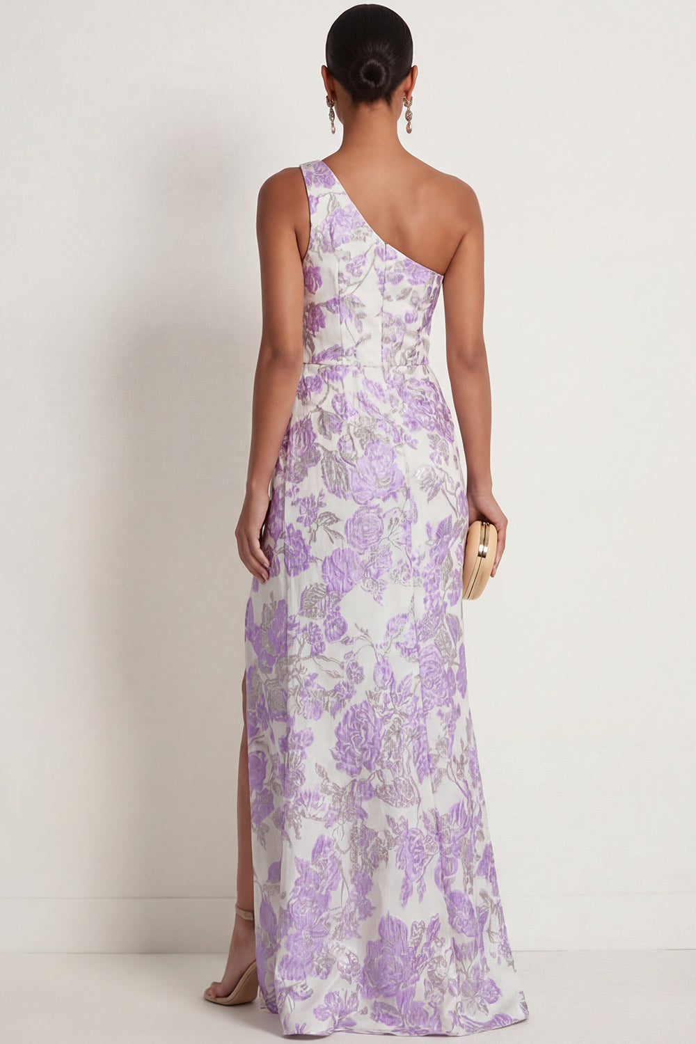 Lilac Satin Floral Mermaid One Shoulder Long Formal Dress with Slit