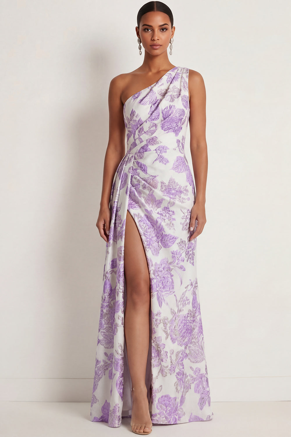 Lilac Satin Floral Mermaid One Shoulder Long Formal Dress with Slit