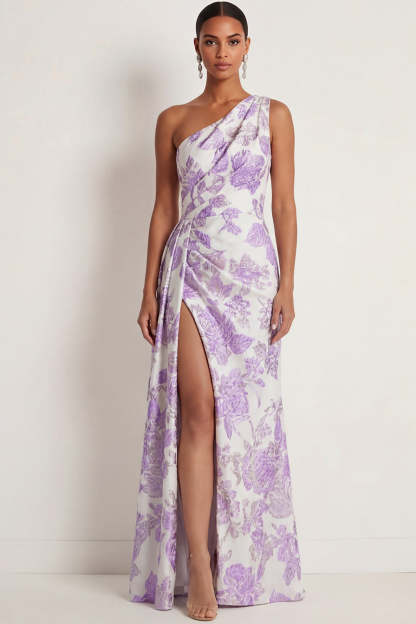 Floral Pink Mermaid One Shoulder Long Formal Dress with Slit