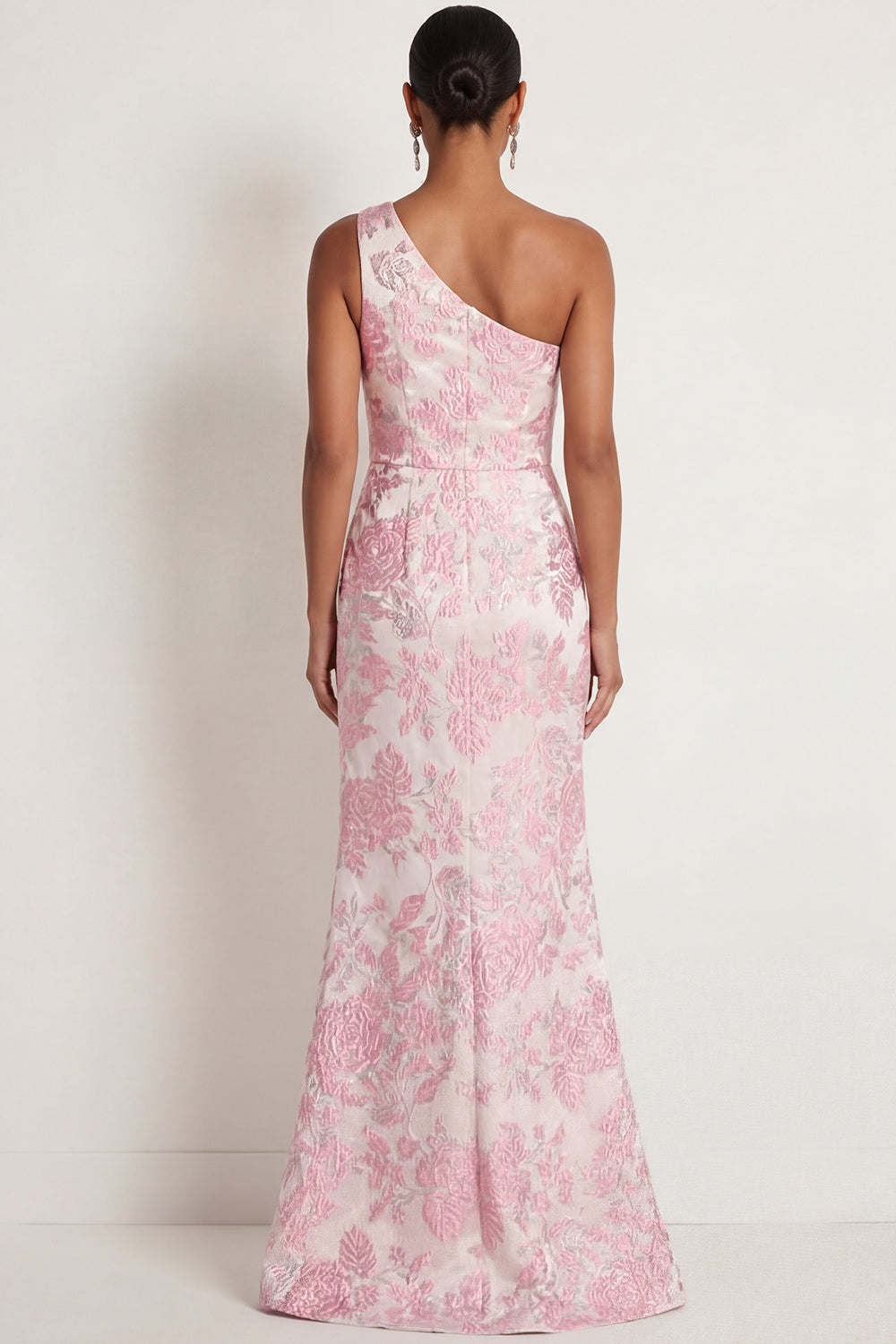 Floral Pink Mermaid One Shoulder Long Formal Dress with Slit