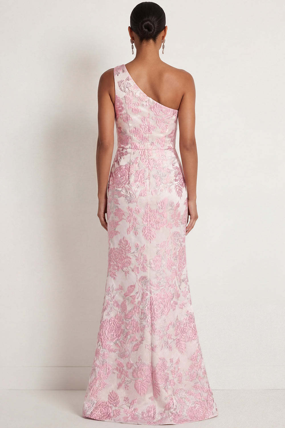 Floral Pink Mermaid One Shoulder Long Formal Dress with Slit