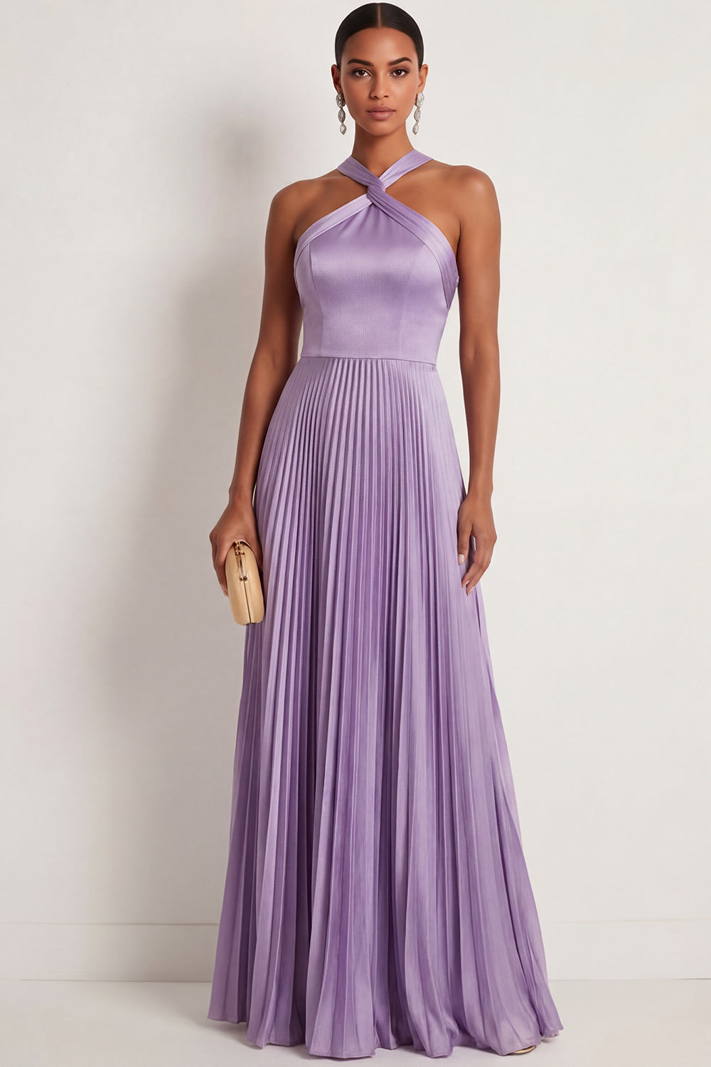 Lilac Satin A Line Halter Neck Pleated Long Formal Dress