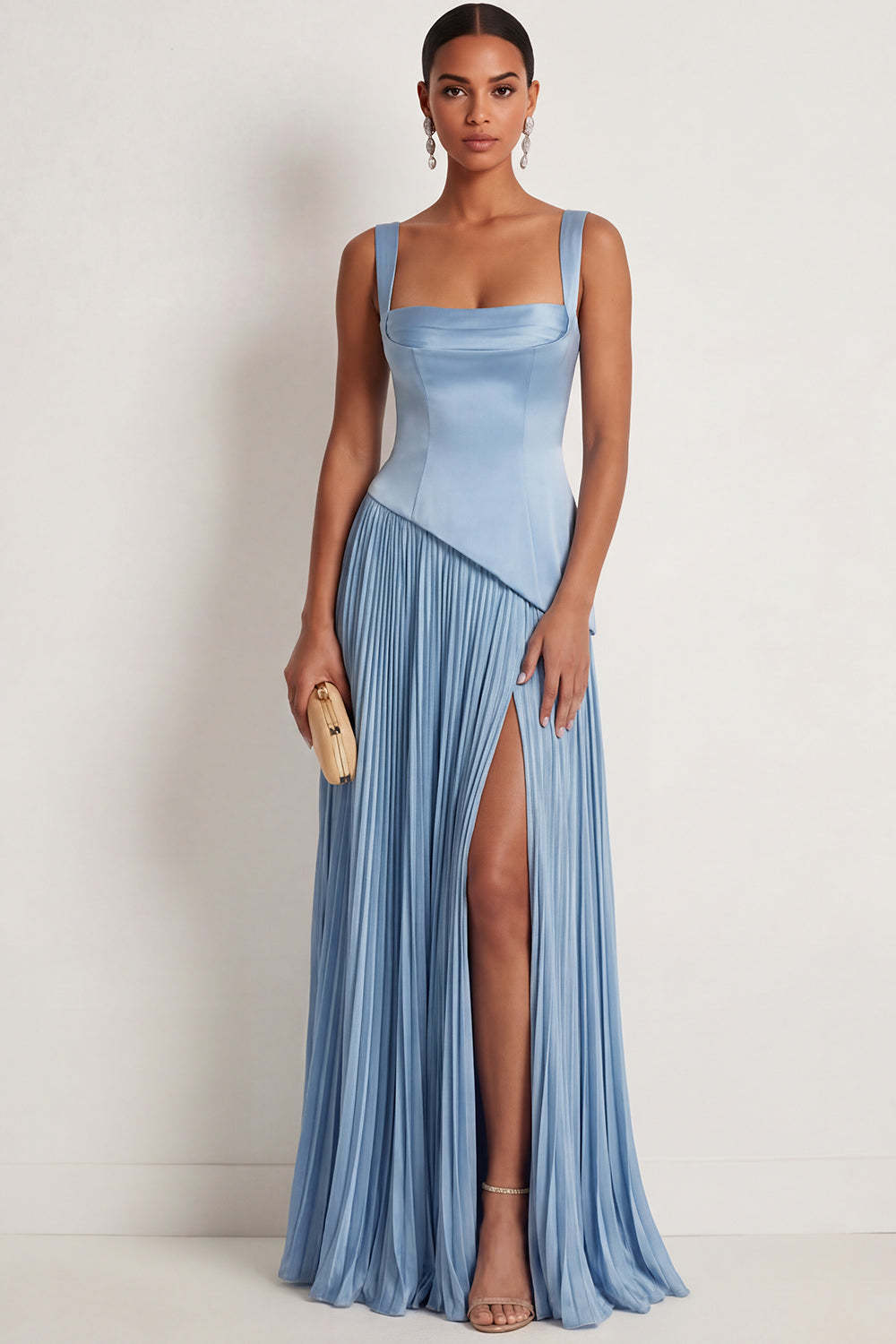 Leely Women Blue Satin A Line Thick Straps Long Formal Dress with Slit Pleated Backless Sleeveless Evening Dress