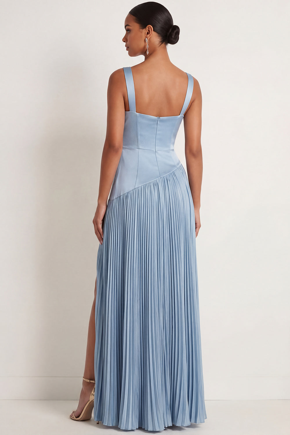 Blue Satin A Line Thick Straps Pleated Long Formal Dress with Slit
