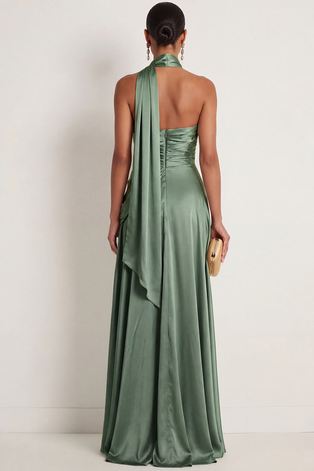 Dusty Sage A Line Satin Ruched Strapless Long Formal Dress with Neck Scarf