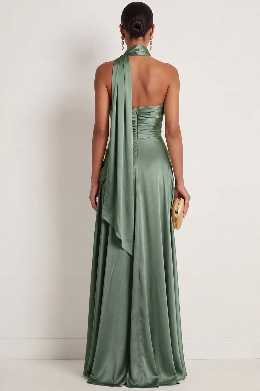 Dusty Sage A Line Satin Ruched Strapless Long Formal Dress with Neck Scarf