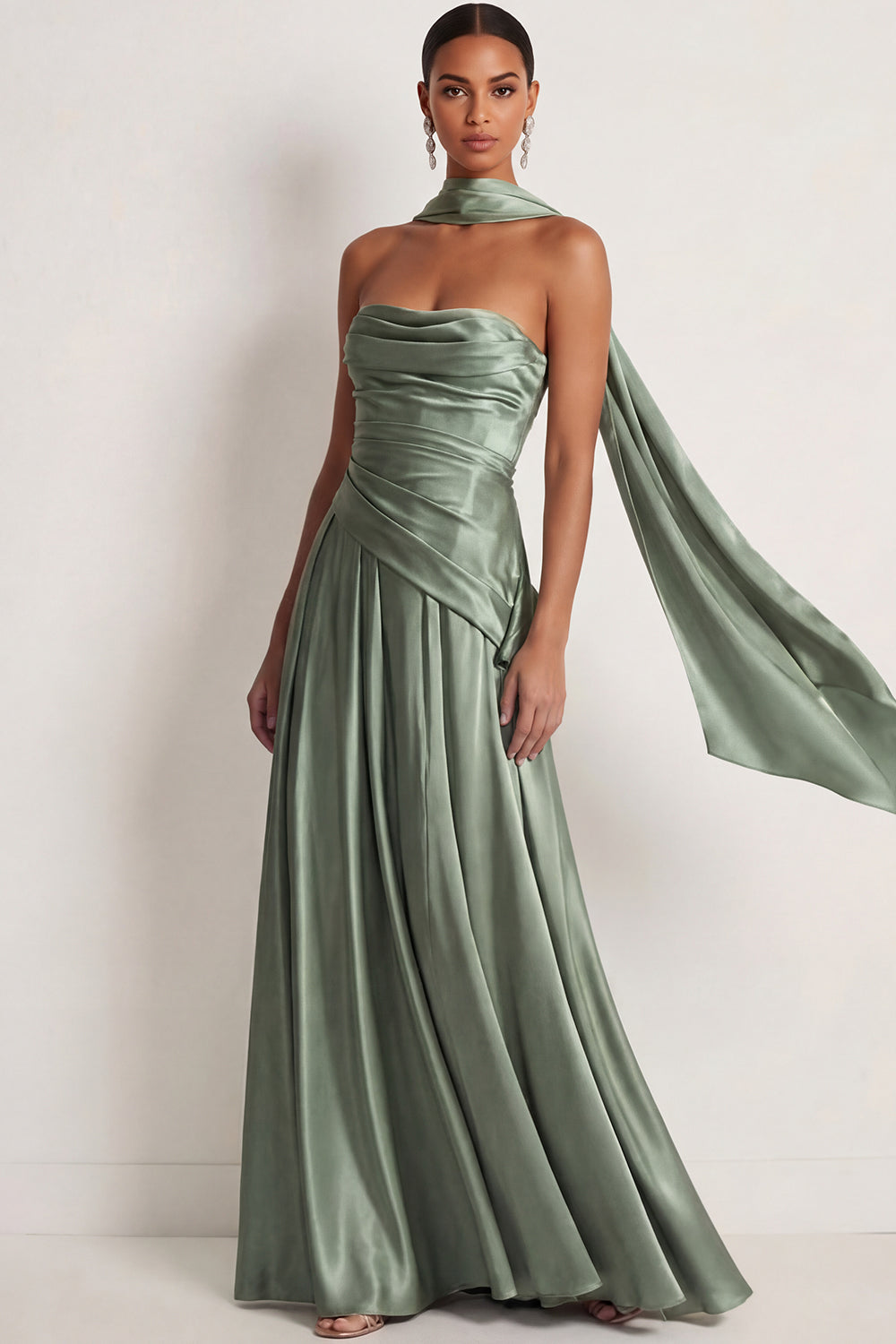 Leely Women Dusty Sage A Line Satin Long Formal Dress with Neck Scarf Ruched Strapless Backless Sleeveless Wedding Guest Dress