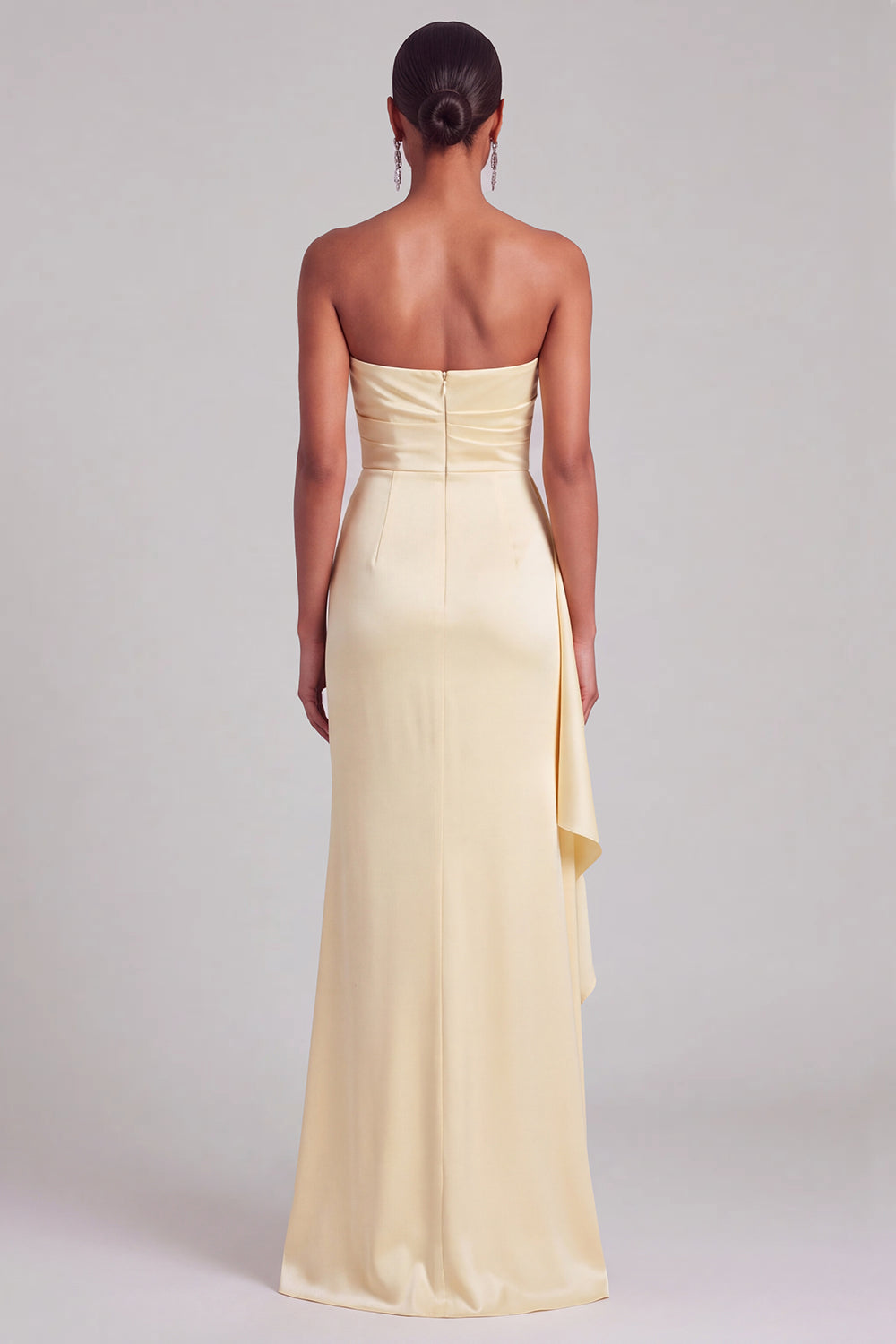 Light Yellow Satin Sheath Ruffled Strapless Ruched Maxi Formal Dress with Slit